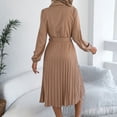thumbnail image 6 of Women's Dress Long Sleeve Lapel Collar Solid Color Waist Defining Pleated Skirt Midi Dress for Spring Fall,Khaki,L, 6 of 8