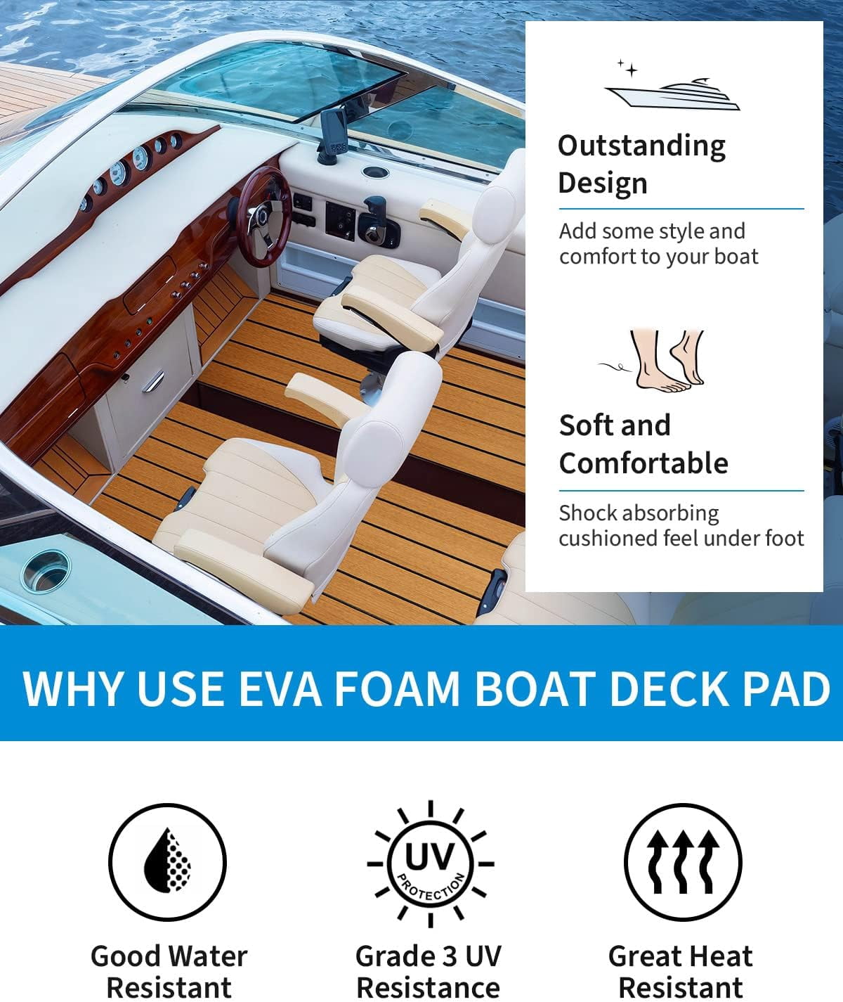 EVA Foam Boat Flooring with 3M Adhesive Backing Marine Self-Adhesive Decking 96''x45.6''/36''/28.8''/16.8'', 48''x16.8'' Faux Teak Sheet for Jon Boats Swim Platform Helm Pad RV Floor