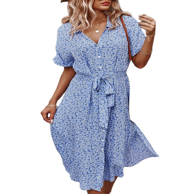 PENGXIANG Robe Chemise Ample à Imprimé Floral Ceinturée Décontractée Manches Courtes Boutonnée Midi Jaune s