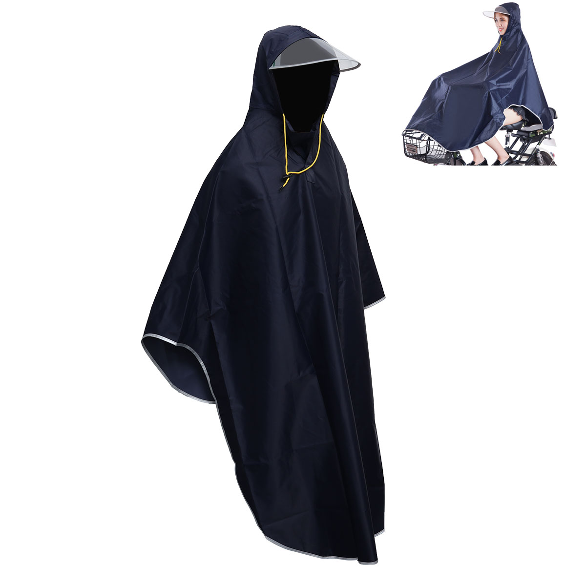 Frcolor Mens Womens Cycling Bike Raincoat Rain Cape Poncho Hooded Windproof Rain Coat Mobility Scooter Cover (Navy Blue), Size: As The Description