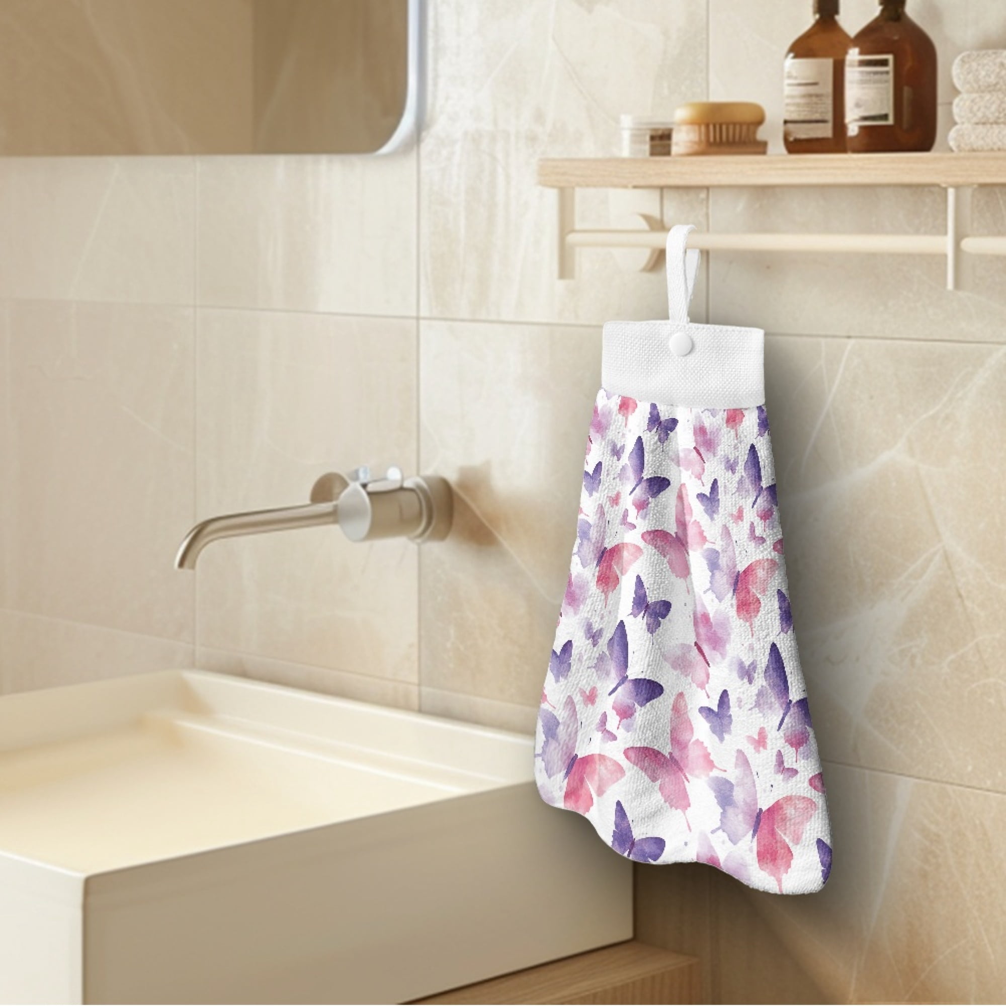 SEANATIVE Butterfly Hanging Hand Towels for Kitchen 2 Pcs Hand Towels with Button Loop Quick Dry Hand Towel for Bathroom Absorbent Fingertip Towel Home Decoration