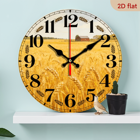 A 10-inch 2D flat wooden circular clock with a "Golden Wheat Field" theme, suitable for decoration in bedrooms, living rooms, and offices. It is an ideal gift for Christmas and New Year.