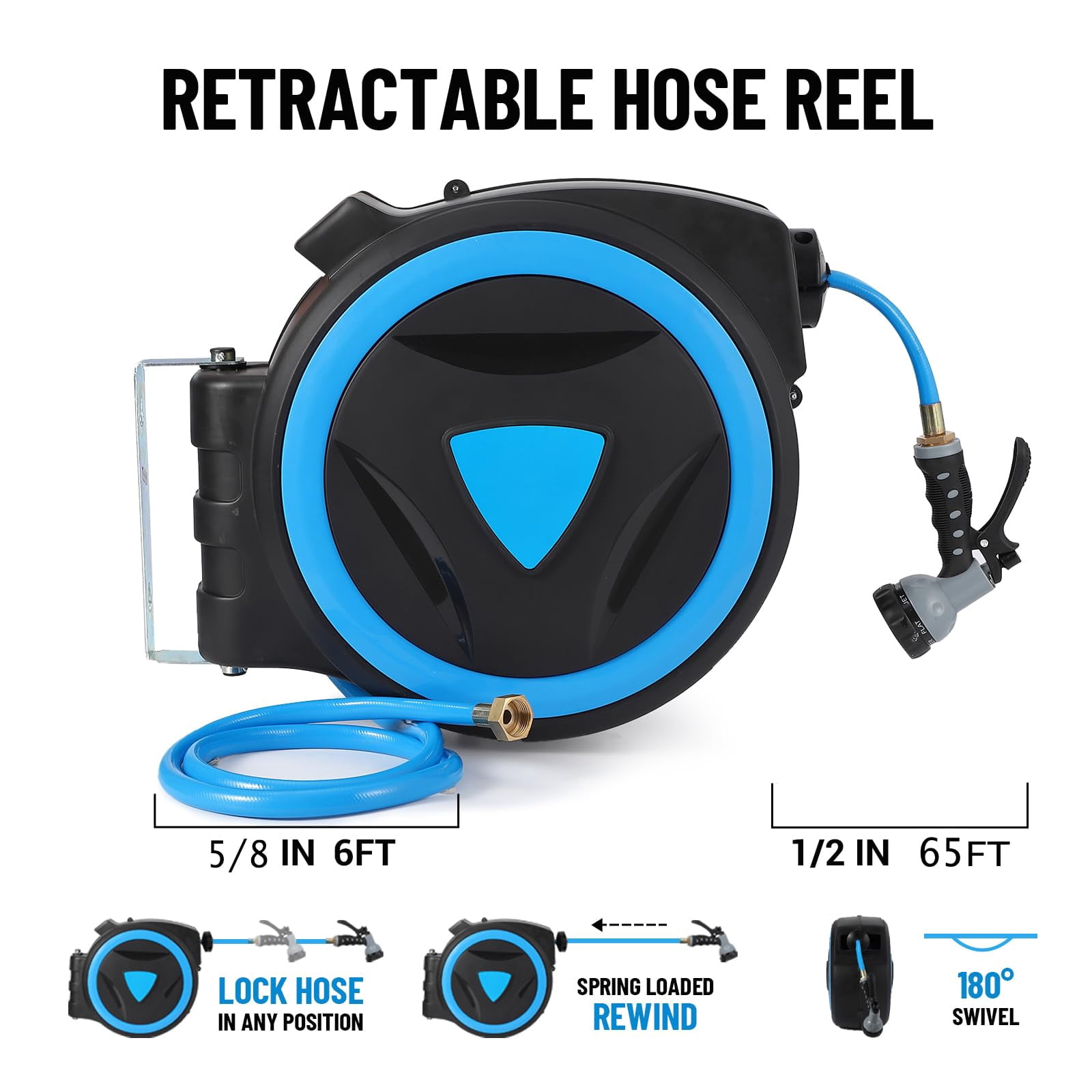 Danolapsi Retractable Garden Hose Reel 5/8 in x 65 ft Heavy Duty Automatic Hose Reel,Effortless Free Lock,Auto Rewind System,9-Pattern Spray Nozzle
