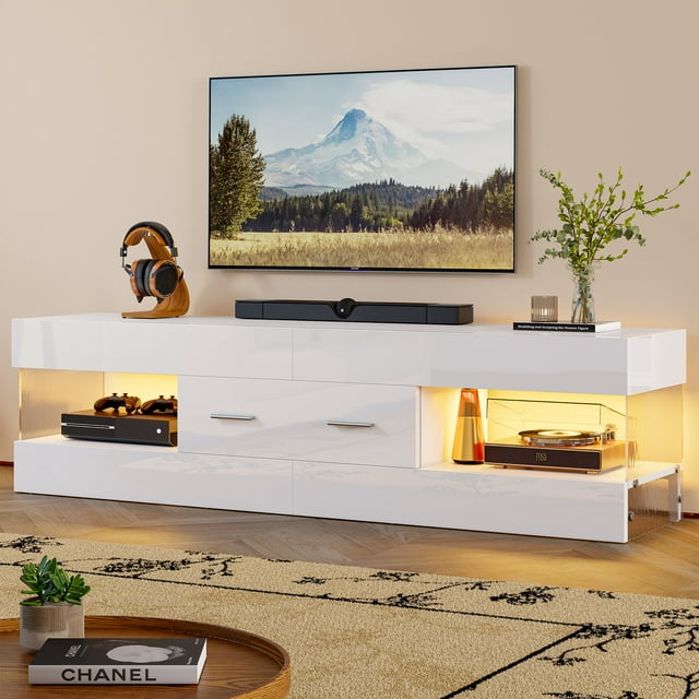 Bestier White High Gloss TV Stand for TV up to 65" LED Television Entertainment Center Modern TV Cabinet with Storage Drawers, White