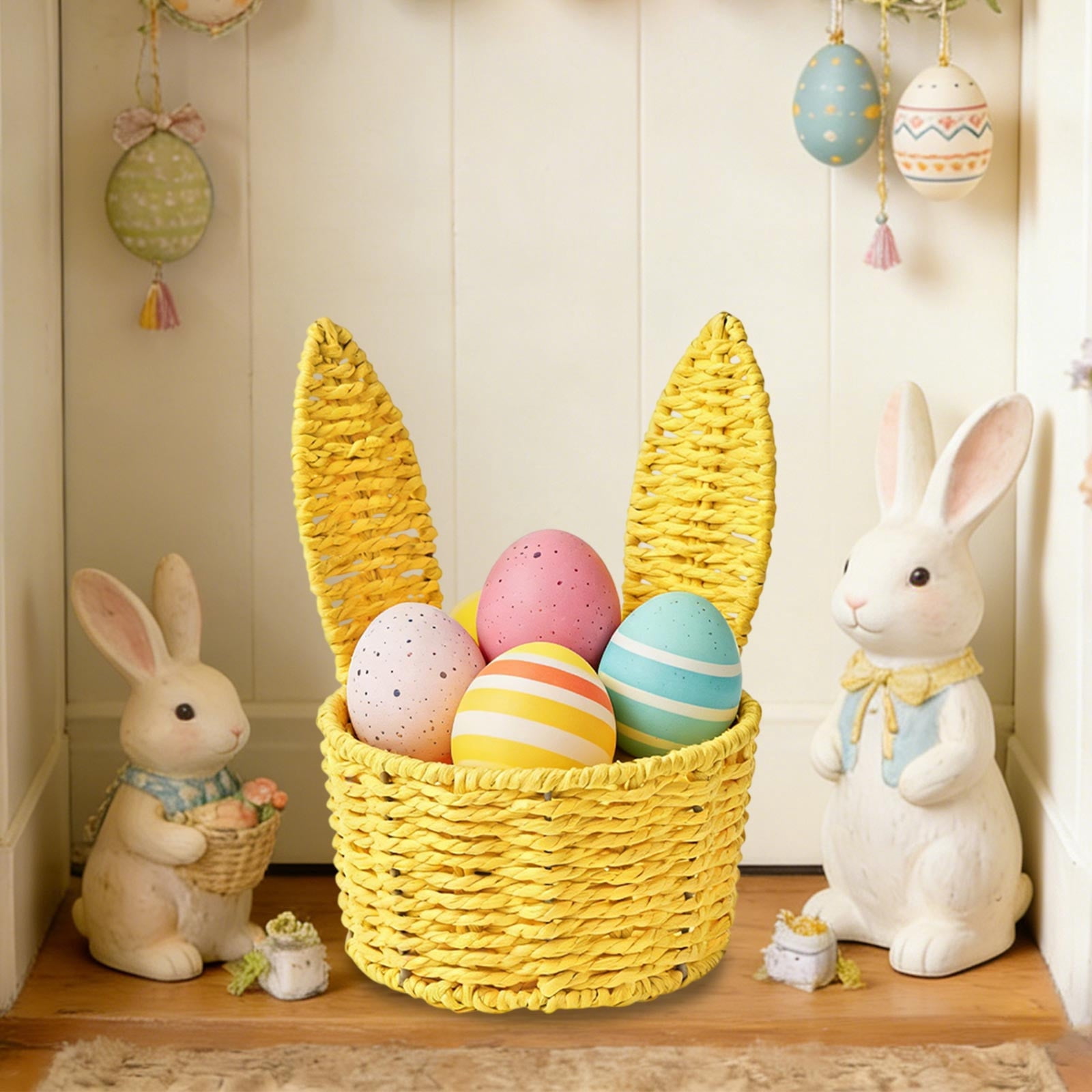 Lunxisen 1 Pcs Paper Cord Woven Rabbits Ear Flower Basket Florist Fresh Flower Arrangement Basket Gift Basket Easter Decorative Rabbits Ear Flower Basket