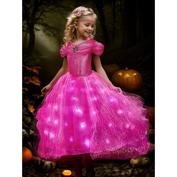 LED Light-Up Pink Princess Tutu Dress for Girls - Sleeveless Party Gown with Star Sequins, Perfect for Halloween, Christmas, and Special Occasions, Party Dress, Best for Christmas