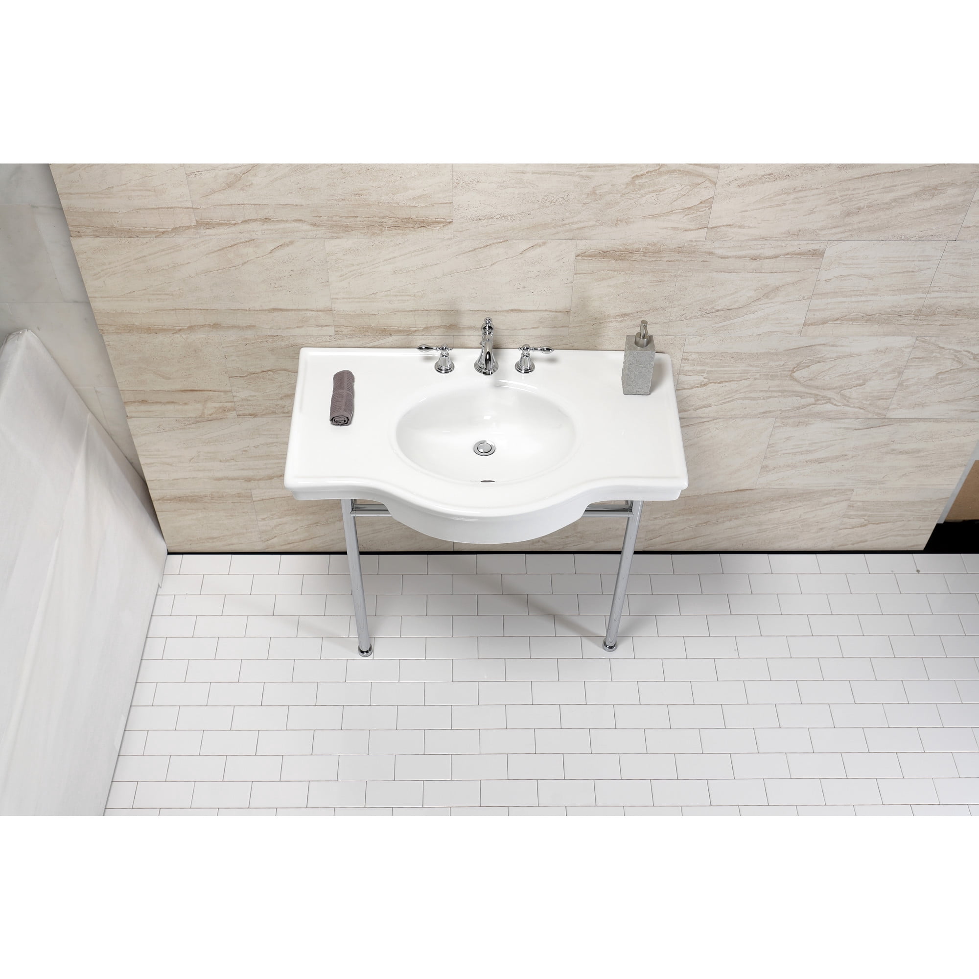 Kingston Brass VPB28140W8CP Manchester 37" Ceramic Console Sink with Stainless Steel Legs (8-Inch, 3-Hole), White/Polished Chrome