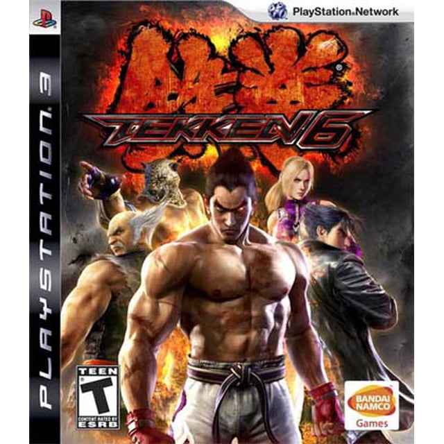 videojuego ps3 tekken 6 play station 3 formato fisico portada frontal con logo Tekken 6 arriba, ilustración centrada de varios luchadores con un protagonista masculino de torso descubierto al frente, barra lateral negra con texto PlayStation 3 y pequeños logotipos de ESRB y Bandai Namco; juego de pelea para consola PS3, a menudo usado como título de torneo casual.
