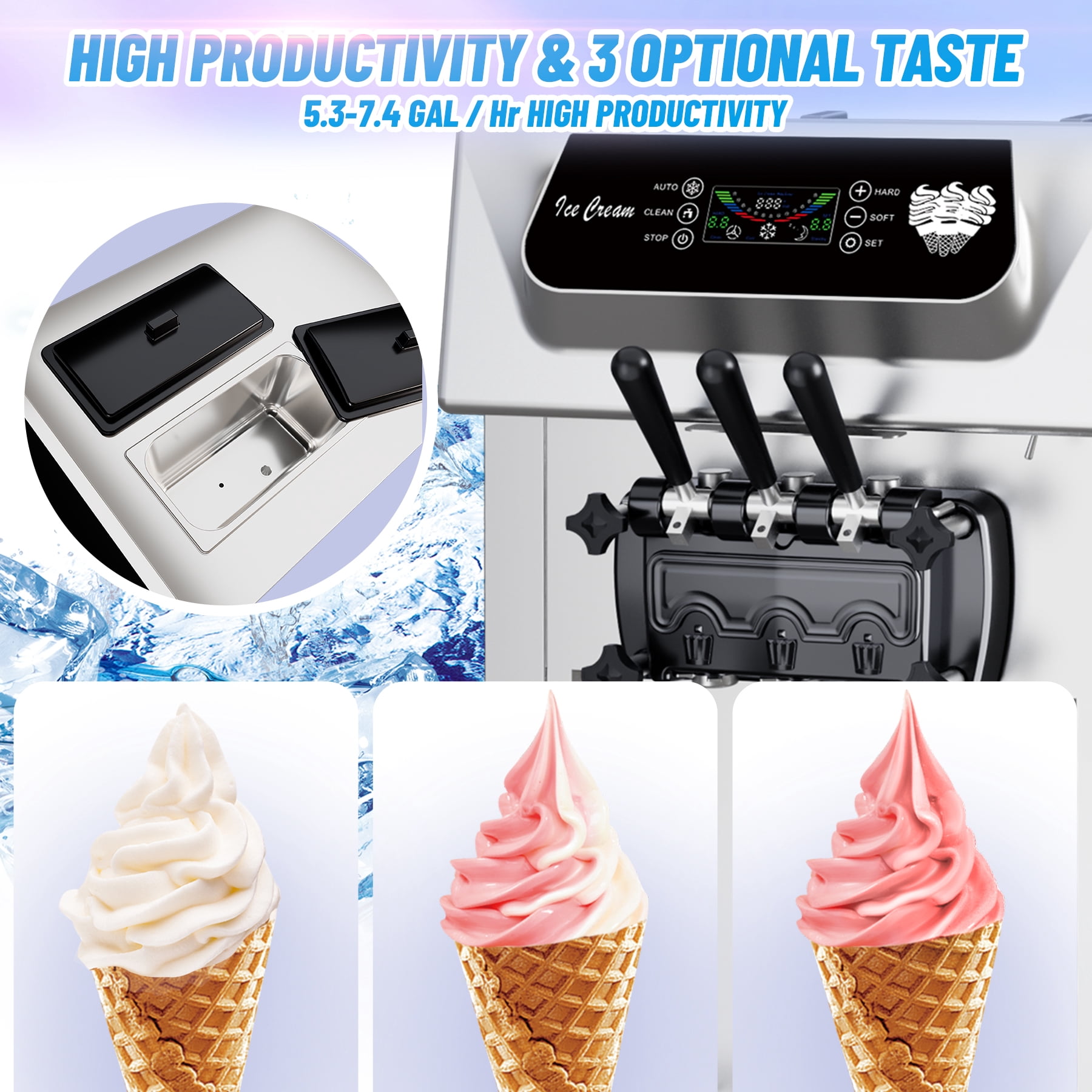 IdealHouse 2+1 Flavor Commercial Ice Cream Machine, Soft Serve Maker 5.8–8 Gal/Hr, LCD Touchscreen, Auto Cleaning, High Output for Home Snack Bar Restaurants