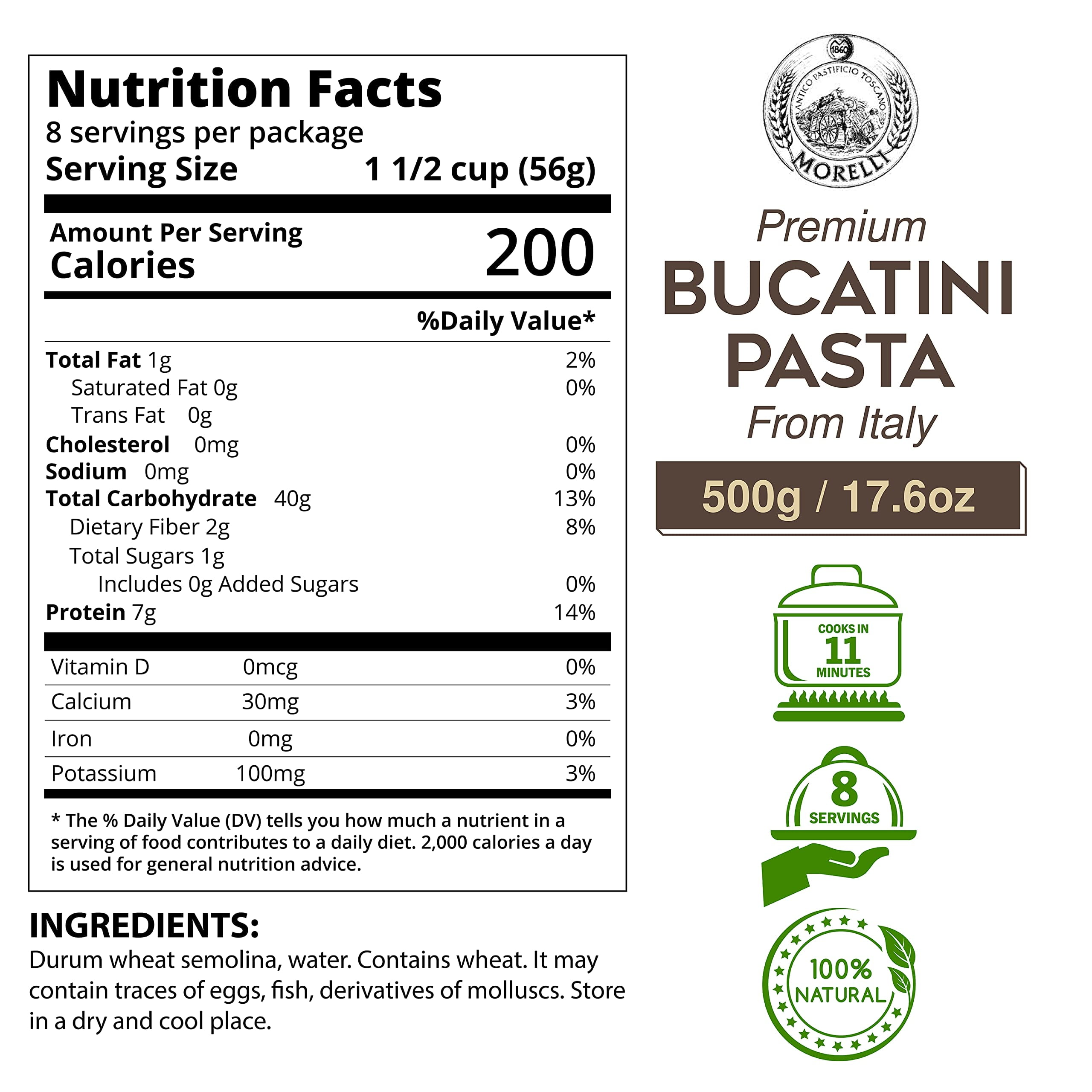 Morelli Bucatini Pasta Noodles - Premium Organic Italian Pasta from Italy - Handcrafted, Family Owned Gourmet Brand - Made with Durum Wheat Semolina 17.6 oz (500 g) - Pack of 2