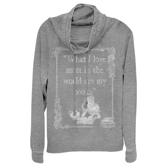 Junior's Beauty and the Beast Belle Loves Books Cowl Neck Sweatshirt Gray Heather Small
