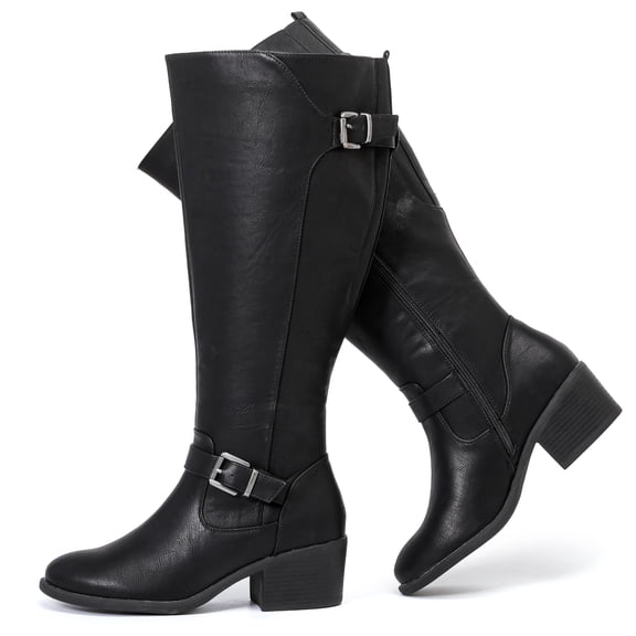 Love Steetly Women's Extra Wide Calf Knee High Boots, Vintage Faux Leather Double Buckle Block Heel Boots.