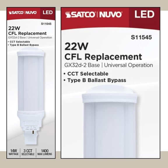 Satco S11545 LED PL Light Bulb 14W 120-277V CCT Select 2700k/4000K/5000K 1400 Lumen GX32d-2 Base Type B Ballast Bypass  (1 Pack)