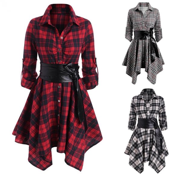 Pisexur Shirt Dresses for Women Long Sleeve Plaid Slim Turn-down Collar Ladies Asymmetrical High Low Dress Gifts for Women