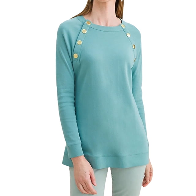 Sudadera con capucha de manga larga para mujer, cuello redondo, color puro, top para mujer con botones de metal para vacaciones, viajes, compras, escuela, oficina, azul M