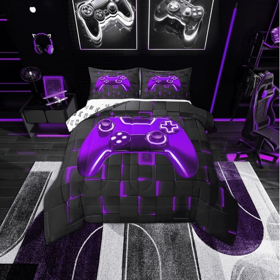 Erosebridal Video Game Bedding Twin Comforter Set, Neon Purple Gamepad Down Comforter, Contemporary Buffalo Room Decoration, Reversible 2-Piece