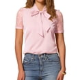 thumbnail image 2 of INSPIRAR CHIC Blusa de Manga Corta de Malla con Cuello de V y Lazo para Mujeres Color Rosa Claro Talla L, 2 of 6
