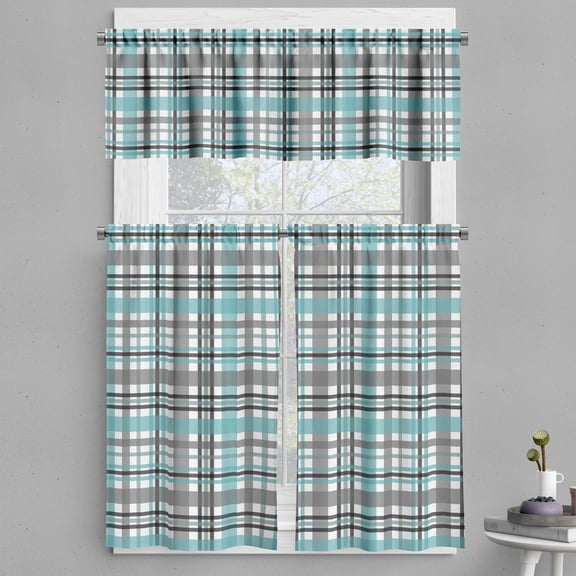 Ambesonne Teal Stripe Valance & Curtain, Continuing Plaid Design, 55"x45", Seafoam Grey White
