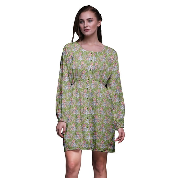 Bimba Green Anemone & Lavender Blue Flower Floral Floral Print Button Down Long Sleeve Midi Dress Women Clothing-Medium
