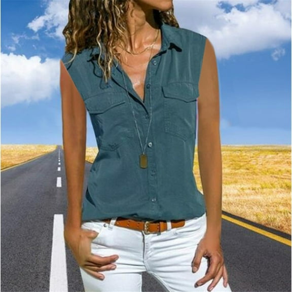 Denim Vest Women, Casual Solid Sleeveless Turn Down Collar Pocket Blouse Top, Blue S
