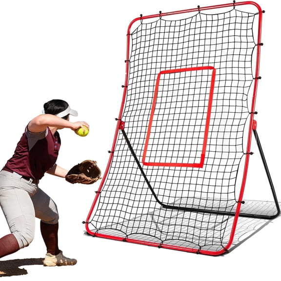 FITPLAY Baseball Rebounder Net Pitchback Net, 68" x 44" Angle Adjustable Pitch Trainer Simulate , Easy-Fold Design