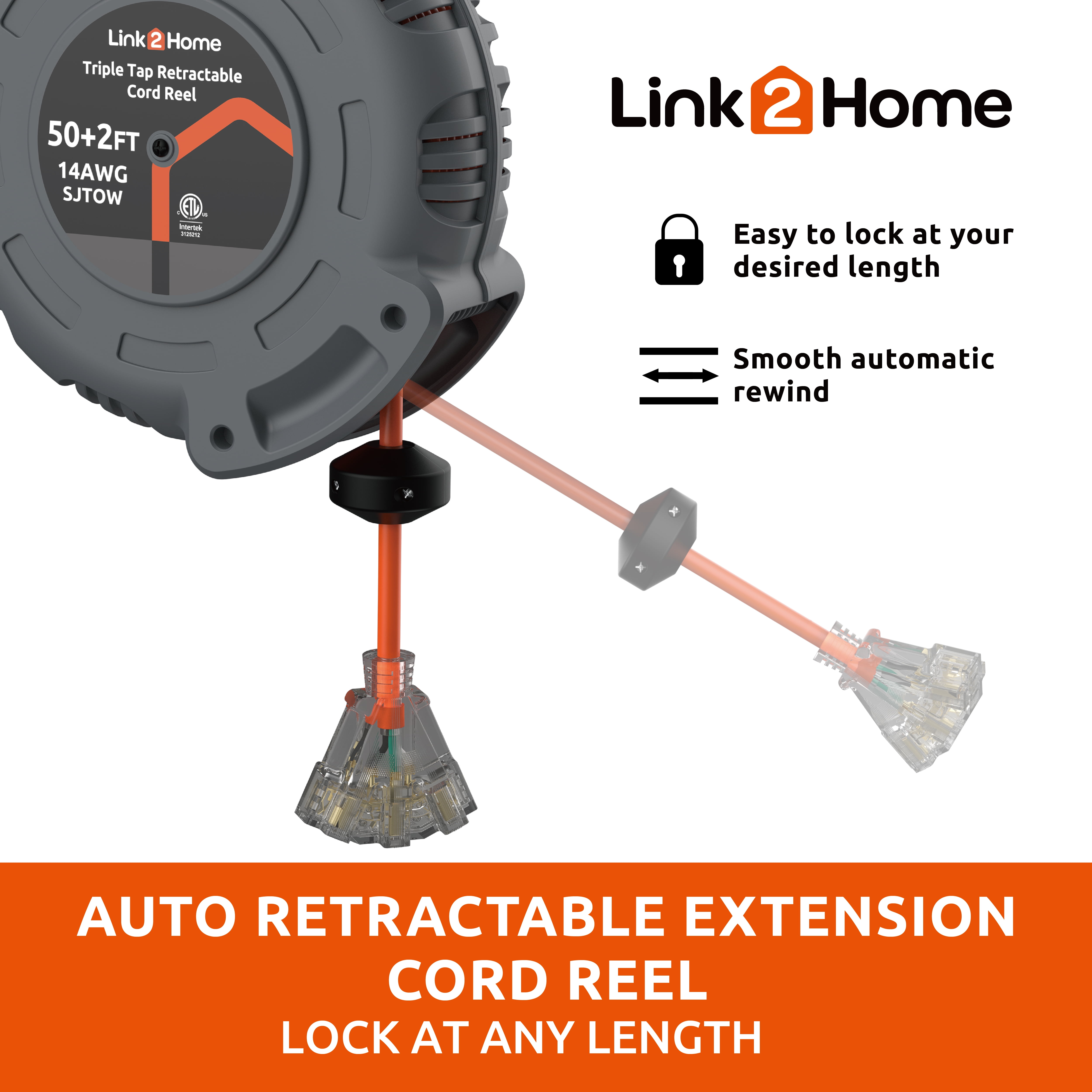 Link2Home 50 Ft Cord Reel 3 Outlet Lighted Tap 14AWG Heavy-Duty Cable