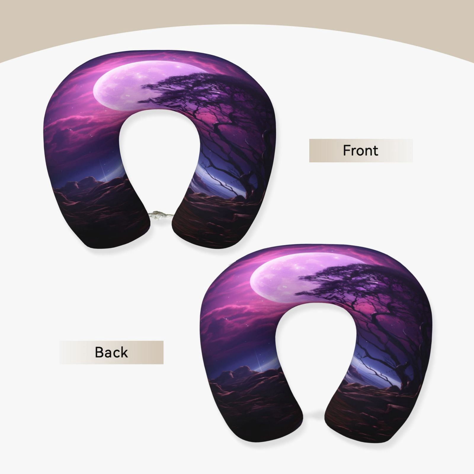 Xecao Purple Moon Tree Night Sky Print Memory Foam Cervical Neck Pillow Versatile U-Shaped Pillows for Home,Office,Camping,Travelling,Soft Washable Cover
