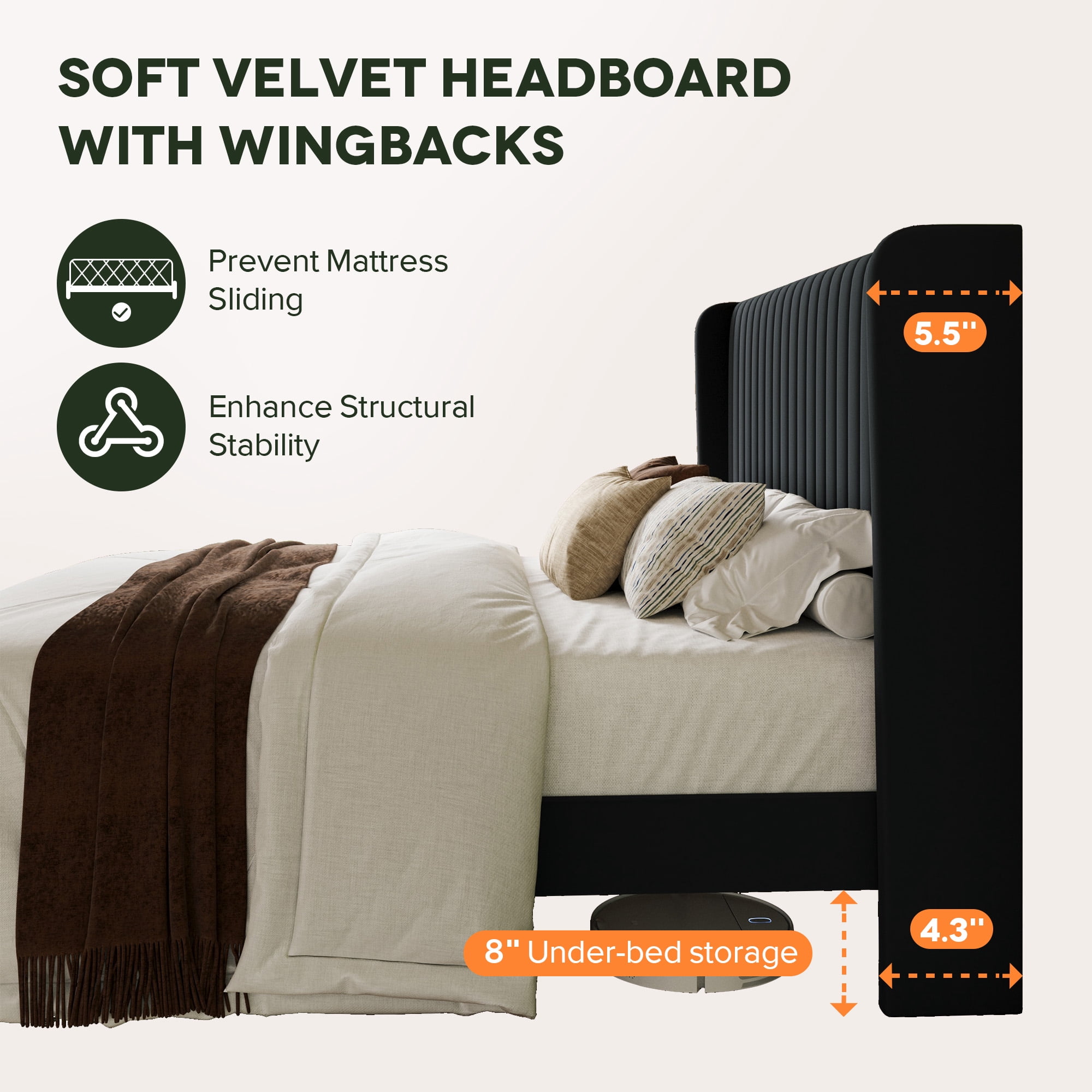 Einfach Full Bed Frame, Upholstered Platform Bed with Wingback Headboard, No Box Spring Required, Black