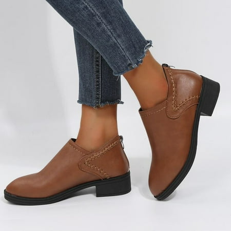 

Ankle Boots For Women Low Heeled Booties Fashion Thick Heel Designr Slip On Boots Casual Shoes Zip Back Detail Booties