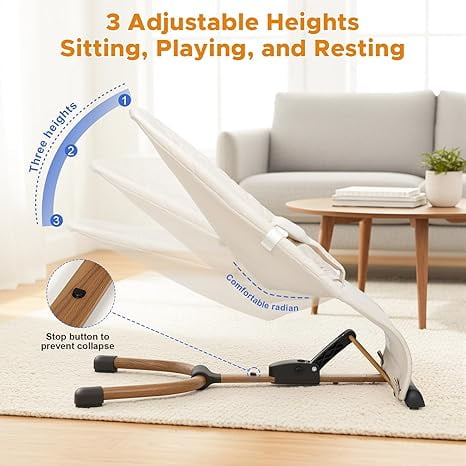 3 in 1 Baby Bouncer (Sit, Play & Relax),3 Recline Positions,Foldable Baby Rocker Chair W/ Removable Wooden Bar for 0-12 Months Infant & Toddler,Beige