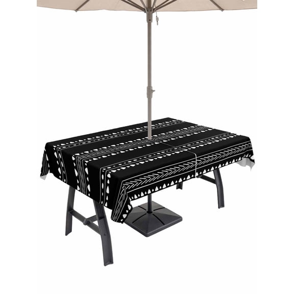 Outdoor Tablecloths with Umbrella Hole & Zipper, Black Boho Geometric Tablecloth Rectangle 60x84 Inch, Abstract Art Dots Striped Waterproof Table Cloth, Patio/Pool/Picnic Table Covers
