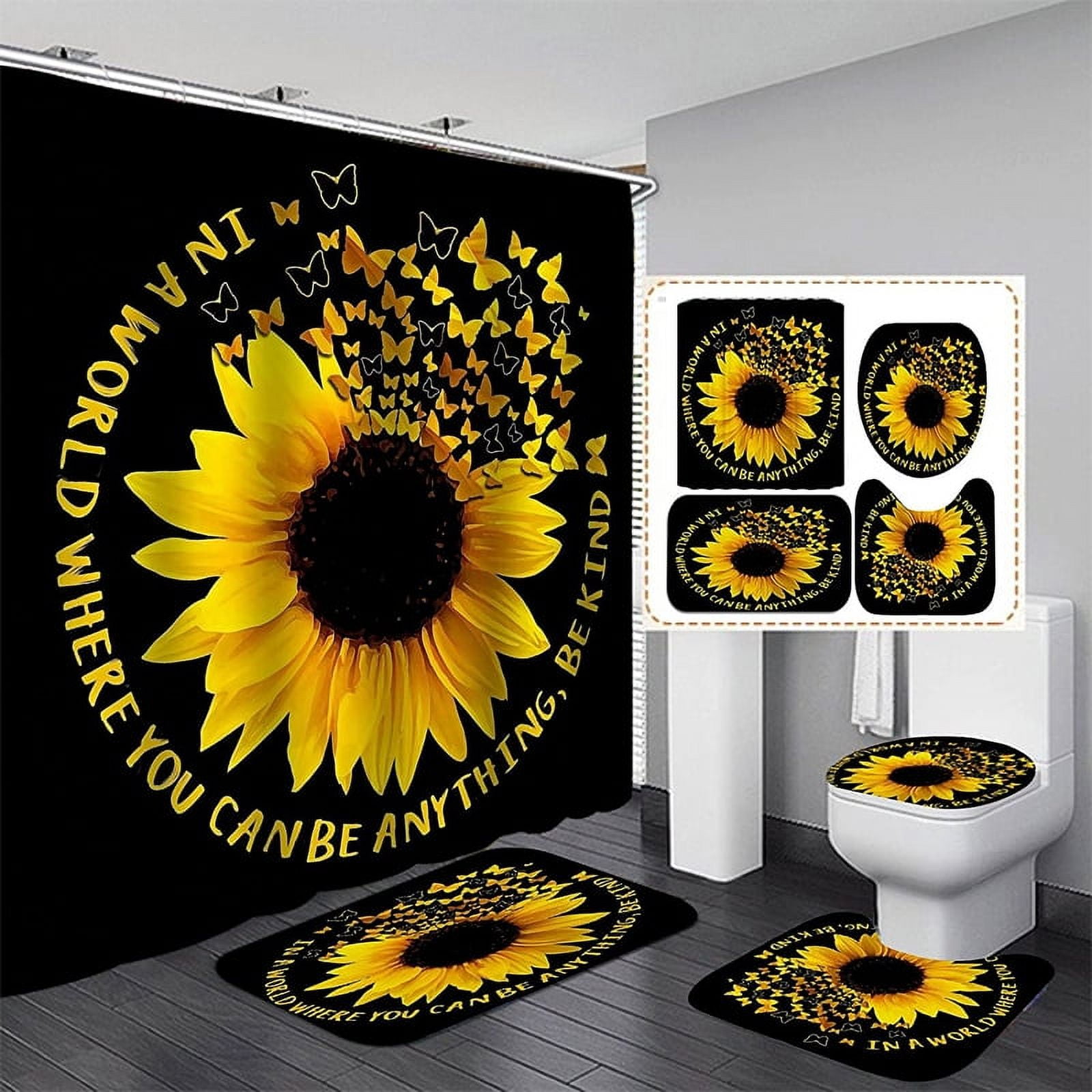 BSHAPPLUS 4pcs Bathroom Sets Sunflower Shower Curtain Sets Waterproof Fabric Shower Curtain with 12 Hooks,Bathroom Decor Shower Curtain and Rug Set Non-Slip Rug,Toilet Lid Cover and Bath Mat