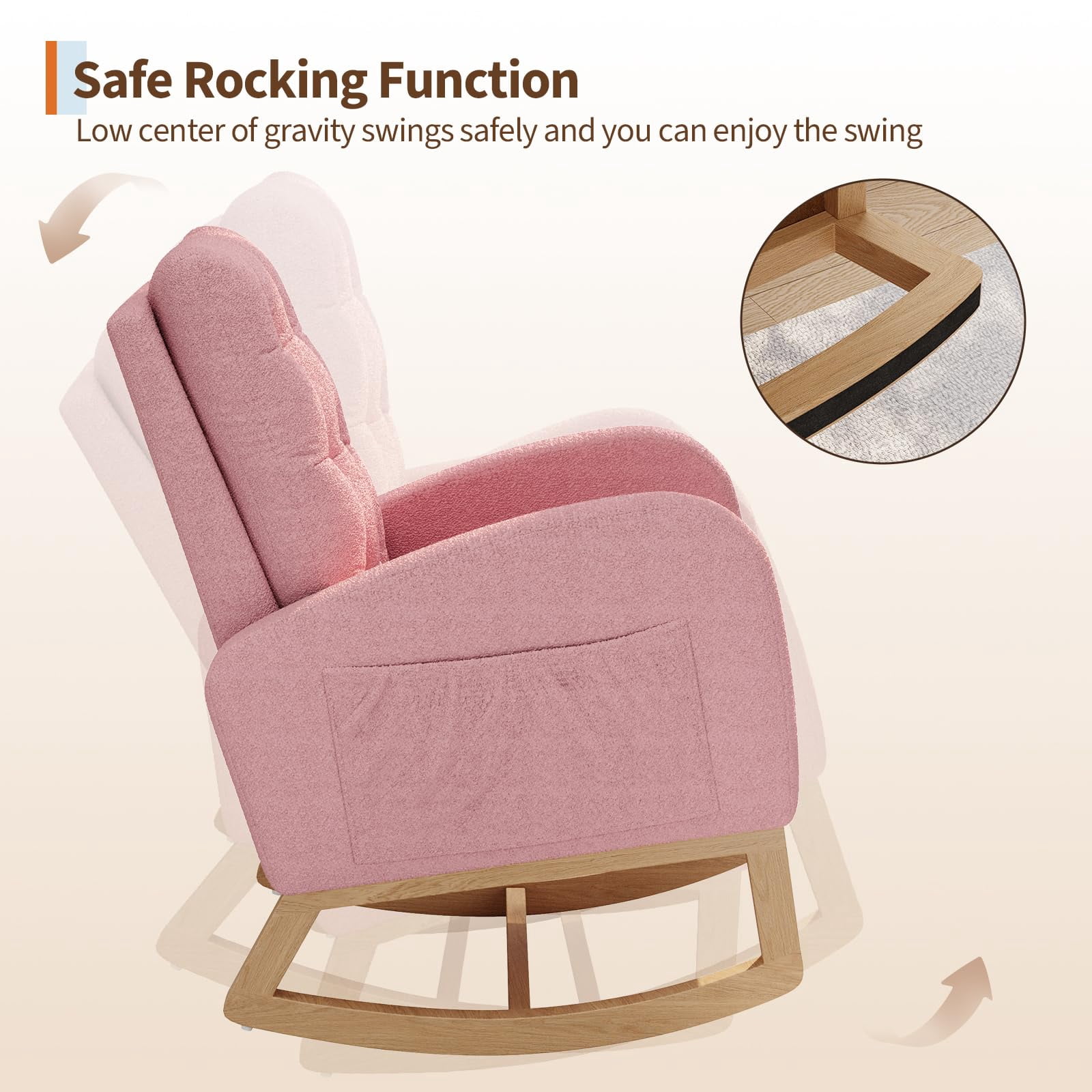 Rocking Chair Modern,Upholstered Glider Chair for Nursery,Comfy Armchair with Side Pocket for Living Room