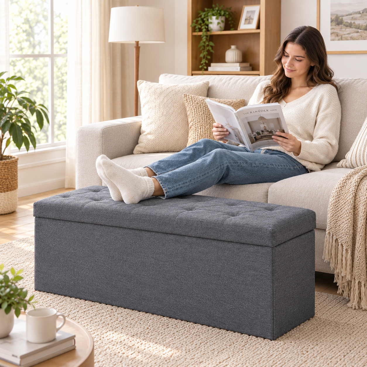 Nnovaroom 43-Inch Folding Storage Ottoman Bench, Gray photo 3