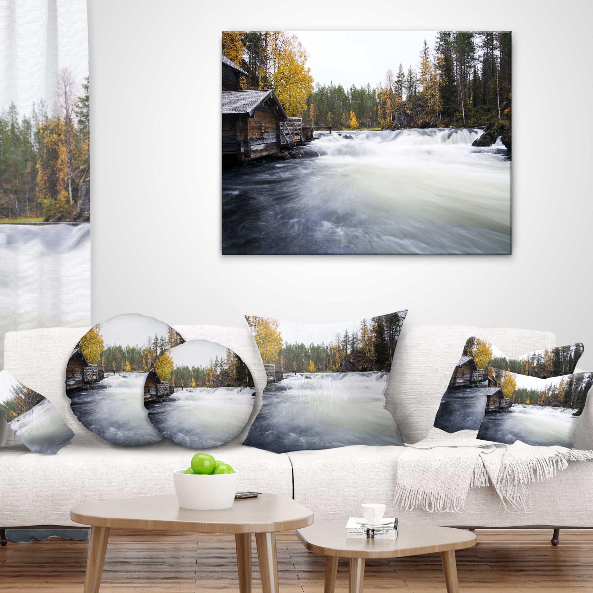 Designart Flowing River and Aged Watermill - Landscape Photography Throw Pillow - 16x16