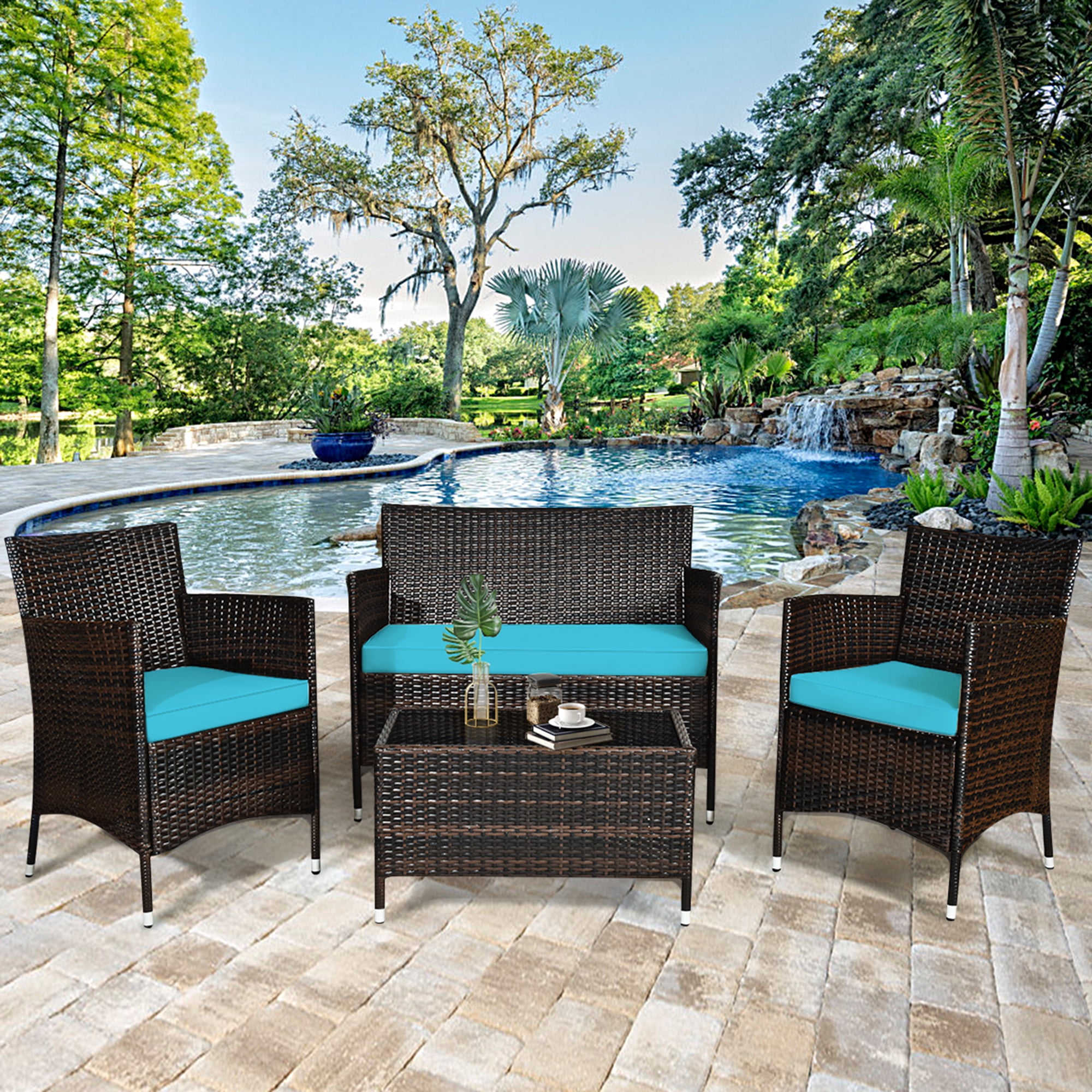 Gymax 8PCS Patio Rattan Conversation Furniture Set Outdoor w/ Turquoise Cushion