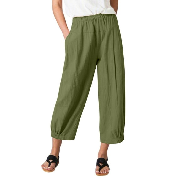 Cotton Capris Women Women's Solid Color Elastic Waist Stitching Straight High Waist Cropped Casual Pants Casual Pants for Women for Work plus Size A Tracksuit Business Women's Green XXL