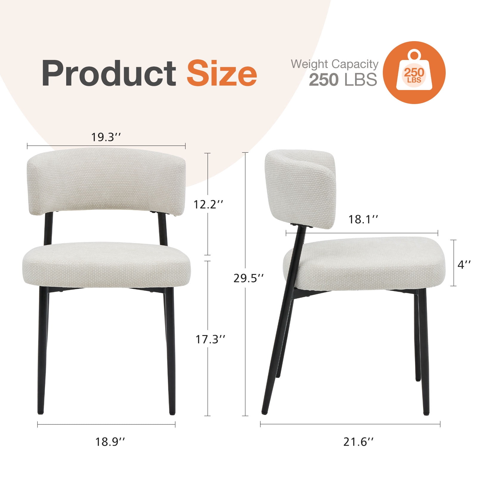 EDX Dining Chairs Set of 4, Mid Century Modern Chair Round Upholstered Curved Backrest, Kitchen Vanity Living Room Chairs with Black Metal Legs, Beige