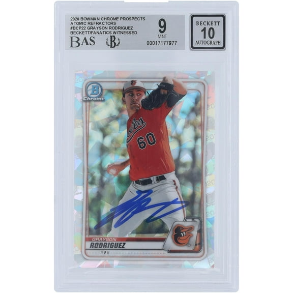 Grayson Rodriguez Baltimore Orioles Autographed 2020 Bowman Chrome Prospects Atomic Refractor #BCP-22 Beckett Fanatics Witnessed Authenticated 9/10 Card - Fanatics Authentic Certified