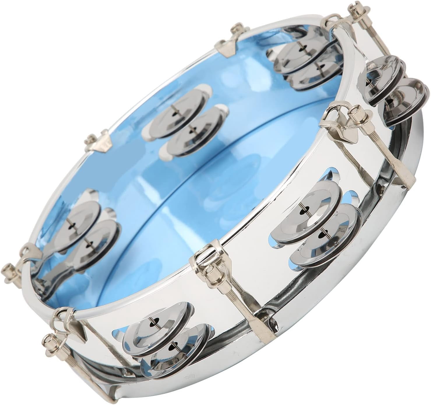 ABCISI 8 Inch Tambourine, Double Row Metal Jingles Hand Held Percussion Instrument with Drum Key for Church Worship Band Adults Beginners (Blue)