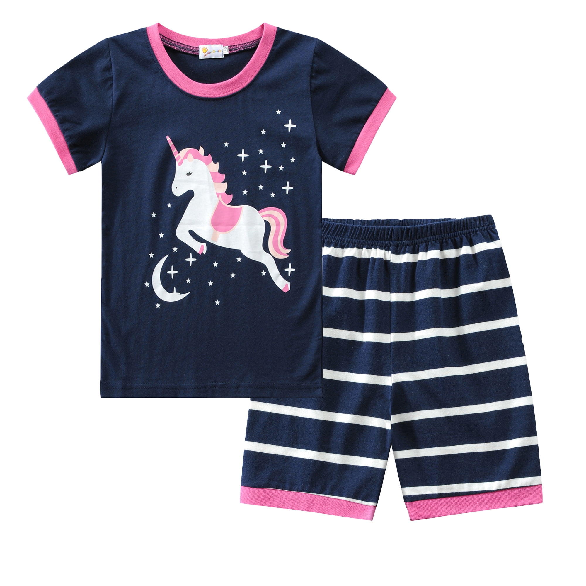 Little Hand Girls Pyjamas Sets Flamingo Print Girls Pjs Short Sleeve Cotton Sleepwear Tops Shirts & Pants for Age 1-7 Years