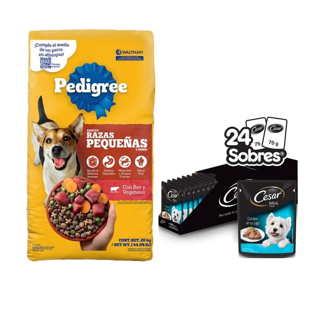 Pedigree Adulto Raza Pequeña 20 Kg + Caja Cesar Adulto Sobre Cordero 75 gr (24 Pzas)
