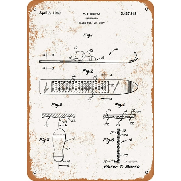 7 x 10 METAL SIGN - 1969 Snowboard Patent - Vintage Rusty Look
