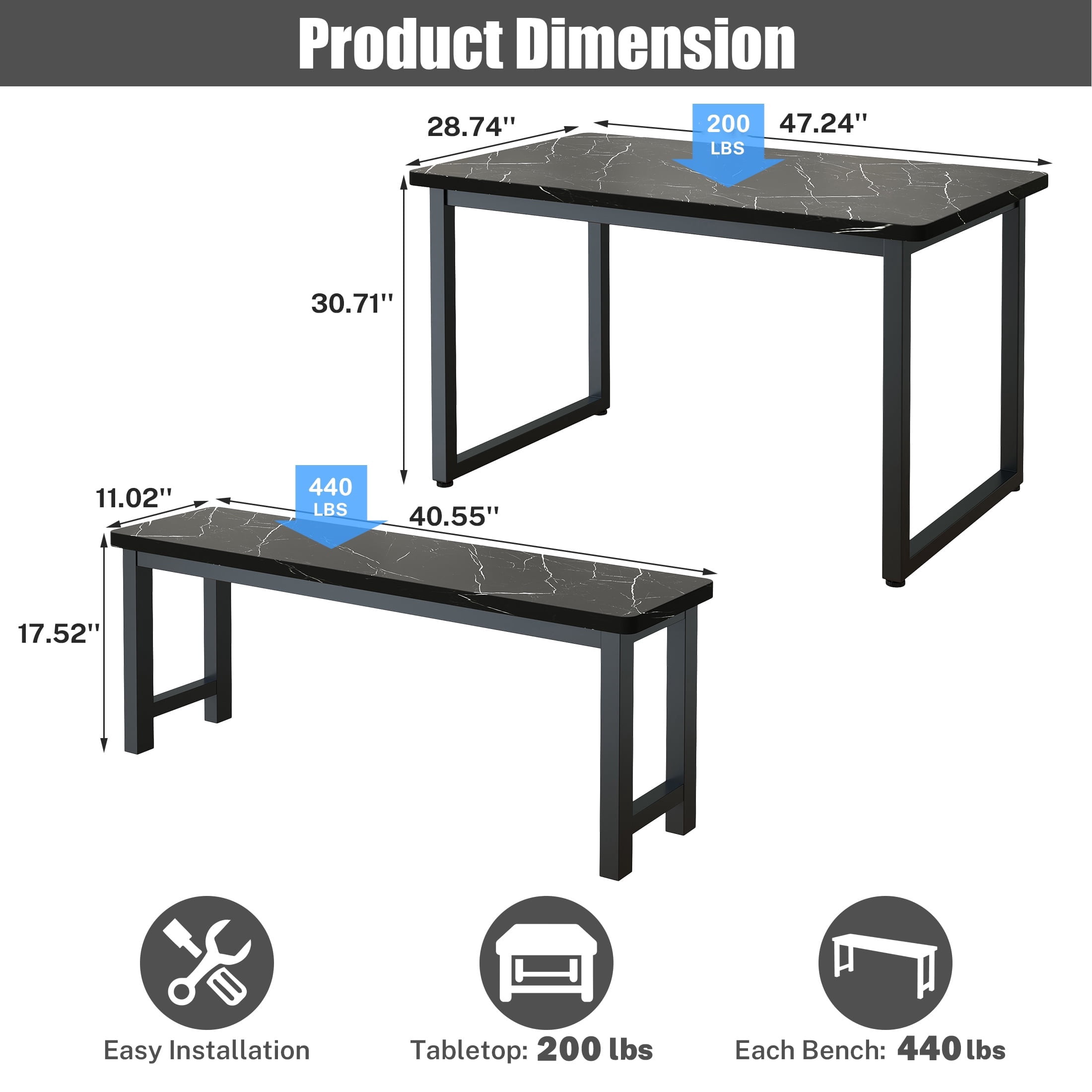 PORKISS 47.2" Dining Table Set for 4, Kitchen Table with 2 Benches, Wood Dining Room Dinette Sets with Metal Frame for Breakfast Nook and Small Space - Black