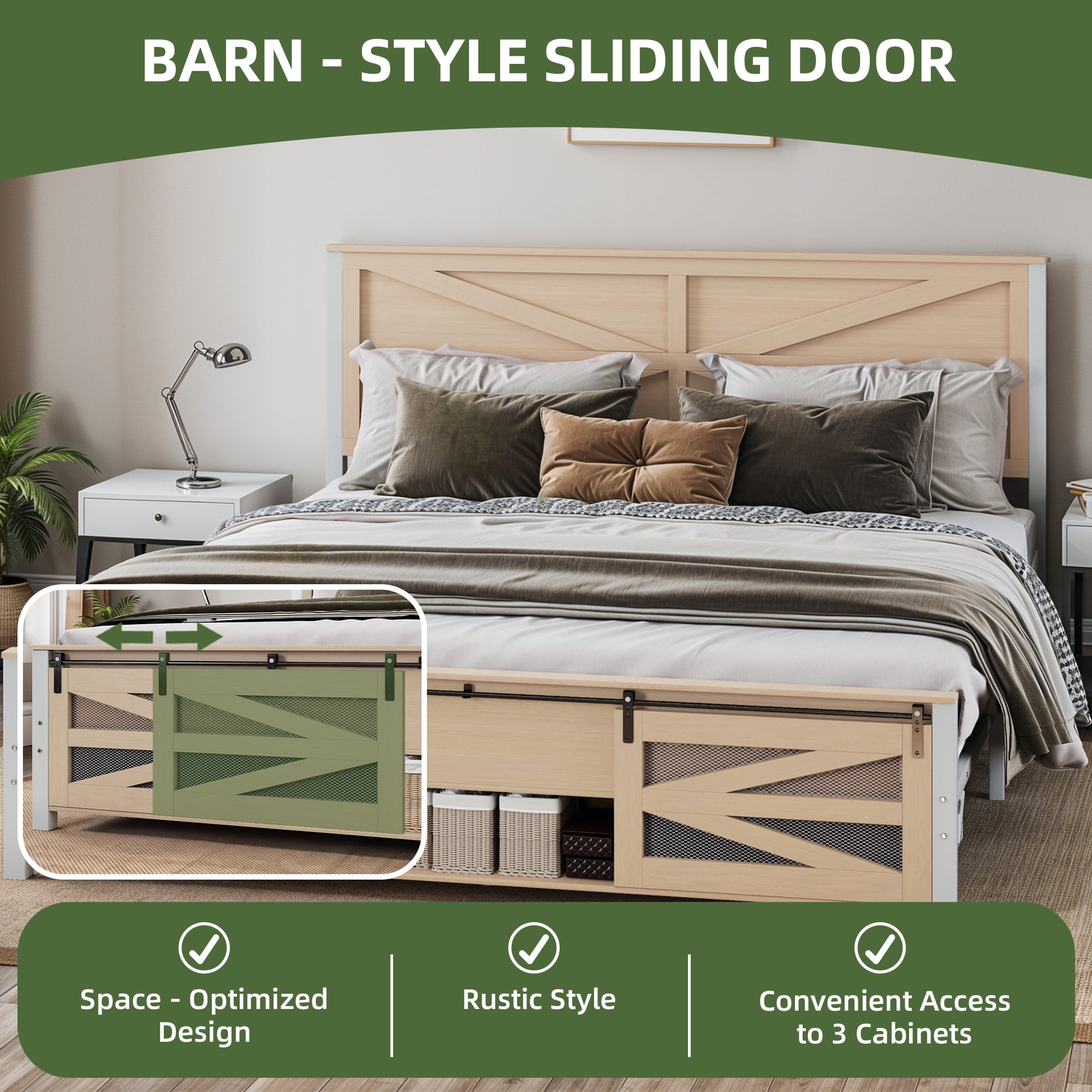 Uforic Bed End Barn Door King Size Bed Frame with Headboar Storage, Steel Mesh Door & Sturdy Construction, Oak