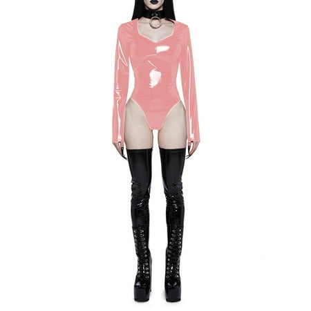 Fashion Vinyl PVC Leather Bodysuit for Women Long Sleeve Slim Sweetheart Collar One-Piece Rompers Tops