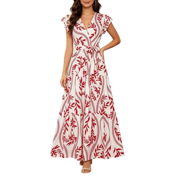 ZToonmas Summer Dresses for Women Wrap V Neck Ruffle Cap Sleeve Maxi Dress Leaf Print Tiered A-Line Flowy Sundress with Self Tie Waist for Beach Vacation