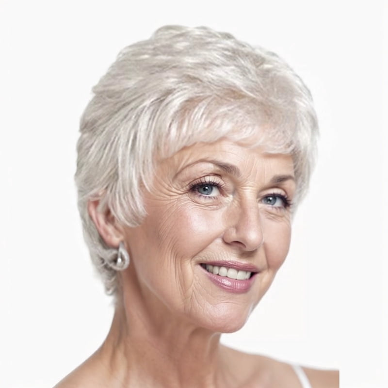 Silver-white short hair wig for elderly women with side-parted bangs and fashionable hairstyle