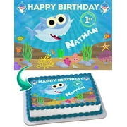 Angle View: Baby Shark Boy Edible Cake Image Topper Personalized Birthday Party 1/4 Sheet (8"x10.5")