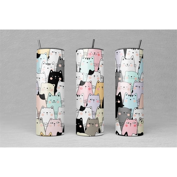 Cute Cat Print Tumbler With Lid and Straw- 20 oz Stainless Steel Vacuum Insulated Skinny Tumblers Cups - Coffee Travel Mug Cup- Birthday Christmas Gifts for Mom, Women, Sister, Friends
